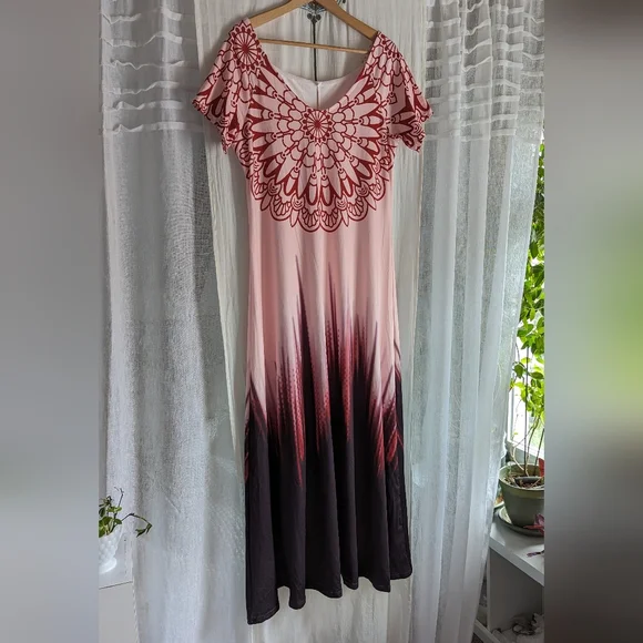 🌸 Boho Maxi Dress Festival Coverup Pink Red Tie Dye Ombre Beach L XL - Picture 3 of 16